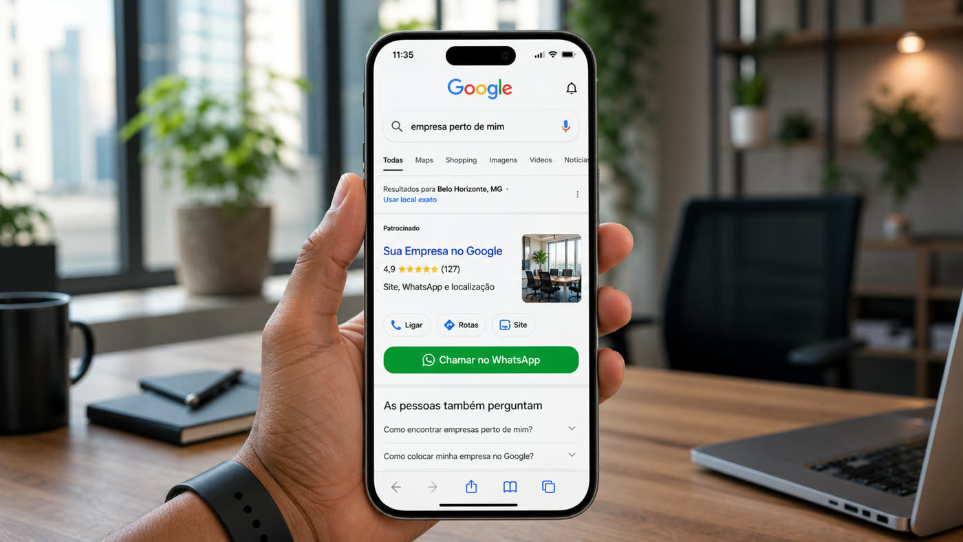 Imagem realista de iPhone mostrando busca no Google em português