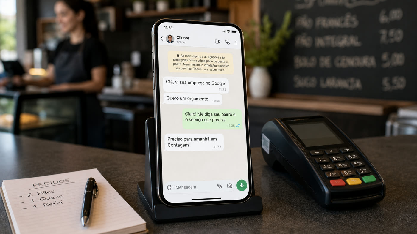 Imagem realista de smartphone com conversa de WhatsApp em português